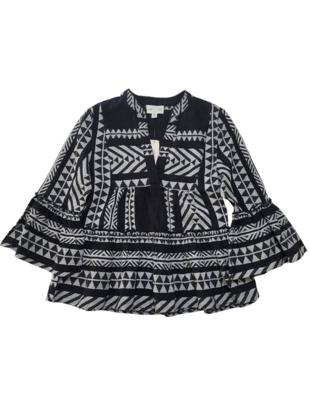 June & Ivy Boho Geometric Peplum Top Bell Sleeve Blouse Black White Medium - Picture 3 of 9